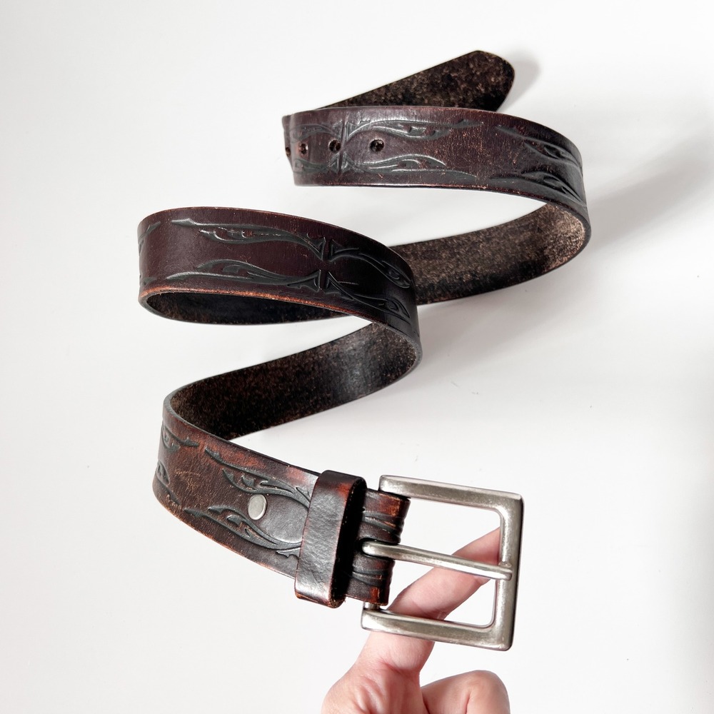 Vintage Levi's Leather Belt XL 42-44 Brown Tribal Embossed Distressed Biker Snap